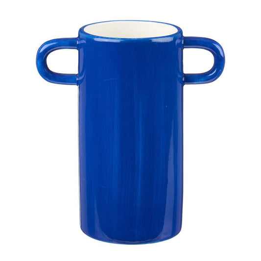 Blue vase with handles and white cat illustration.