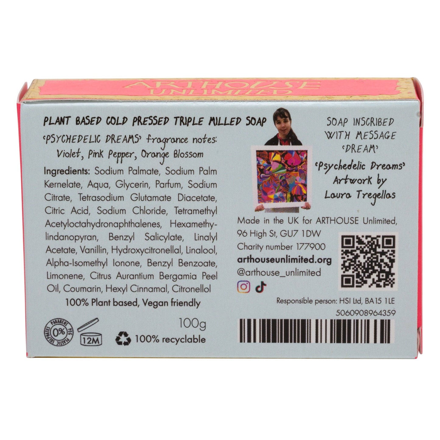 Back of a soap packaging with text, ingredients, and branding details.