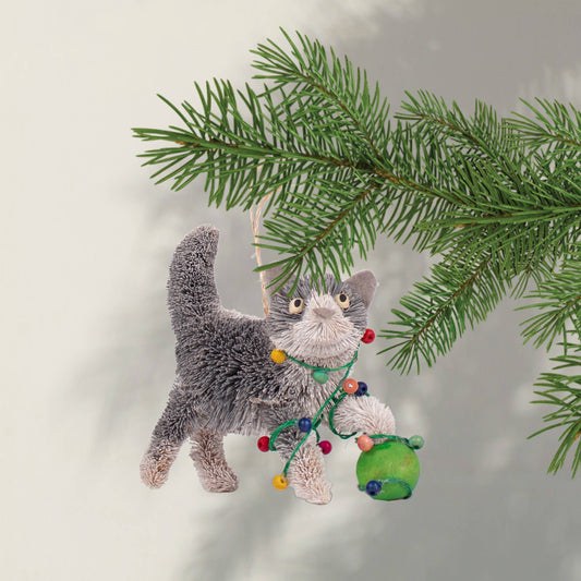 Bristle Cat With Lights Christmas Decoration, 12cm