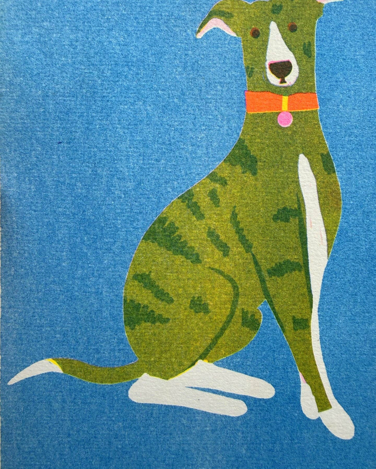 Green dog illustration with a red collar on a blue background