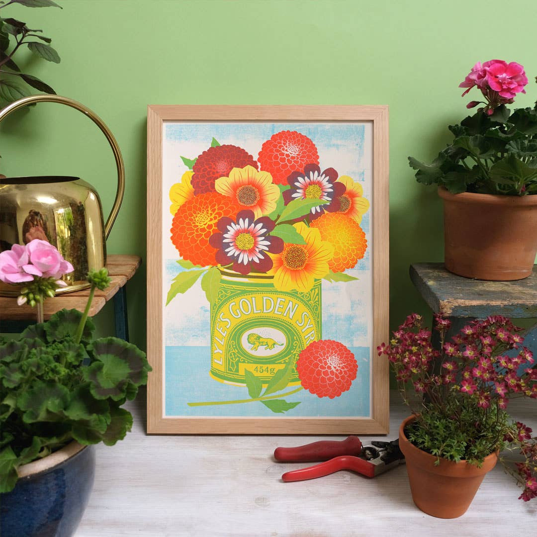 Risograph print of a flower bouquet in a golden syrup tin.
