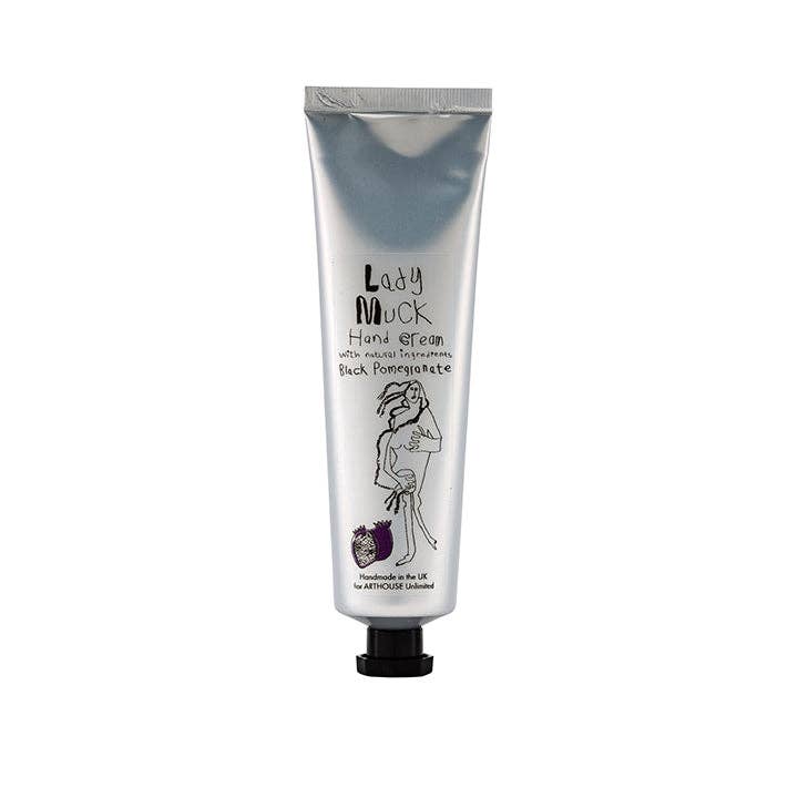 Hand cream tube labeled 'Lady Muck' on a white background