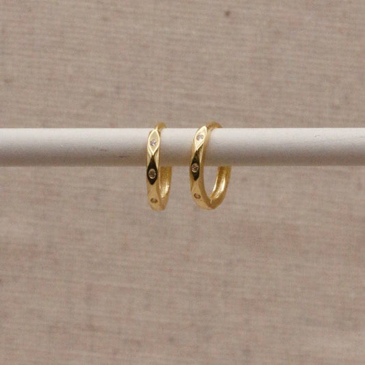 Gold plated huggy earrings with 3 tiny sparkle stones.