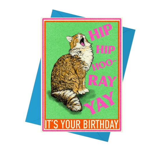 Illustration of a cat meowing with the words Hip hip hooray yay its your birthday.