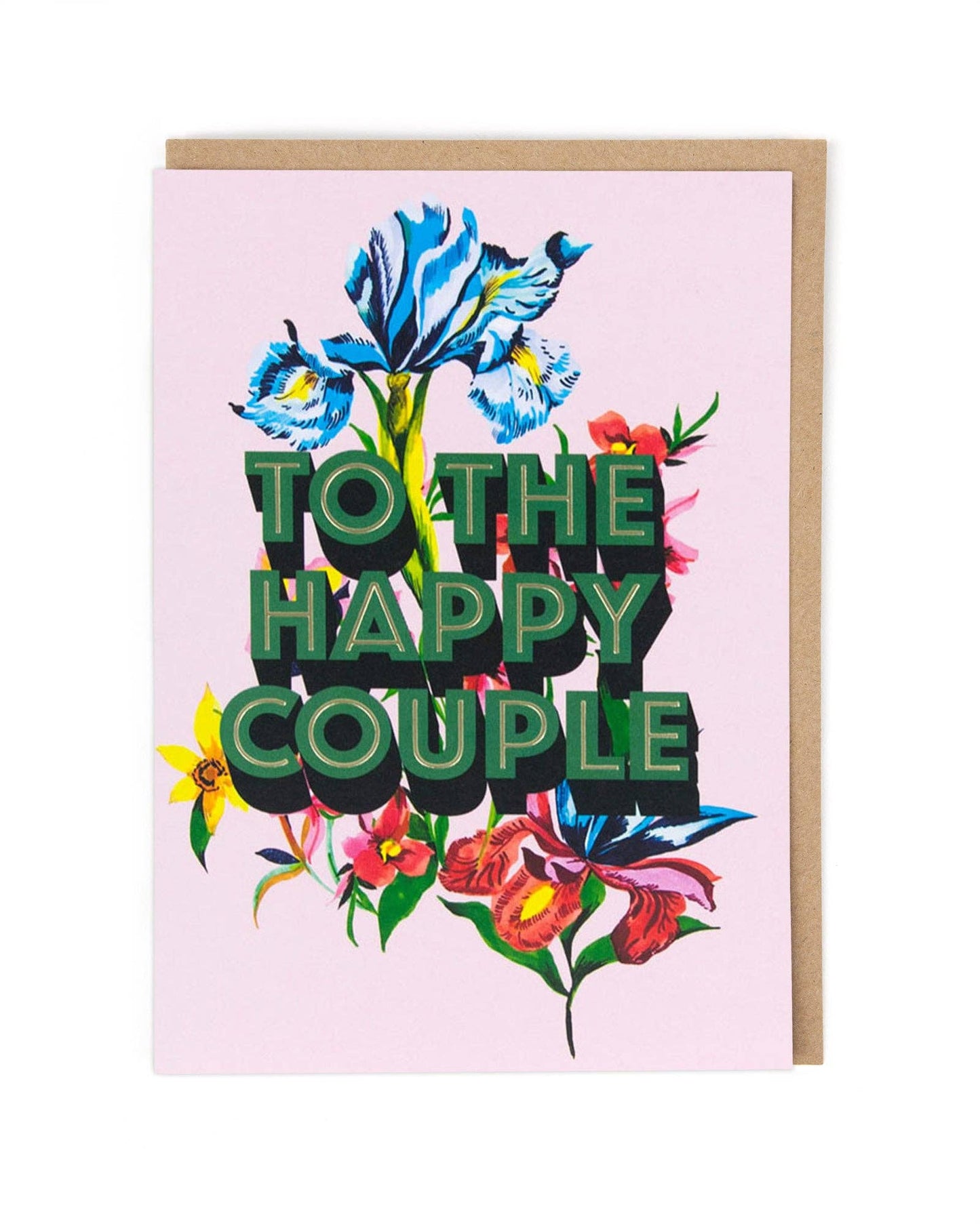 Greeting card with floral design and 'To the Happy Couple' text on a pink background