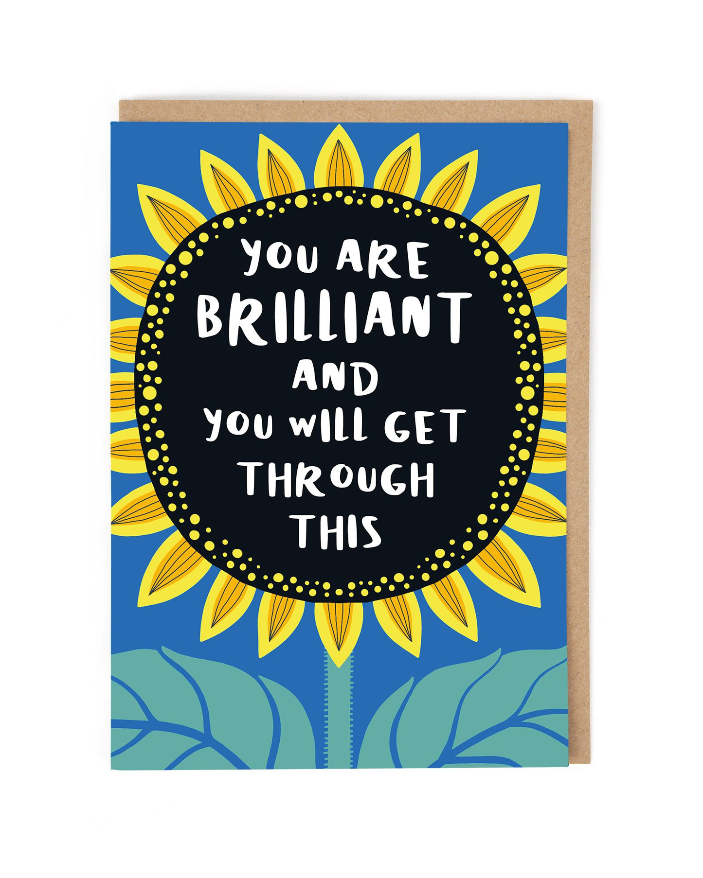 Motivational card with sunflower design and text on a blue background