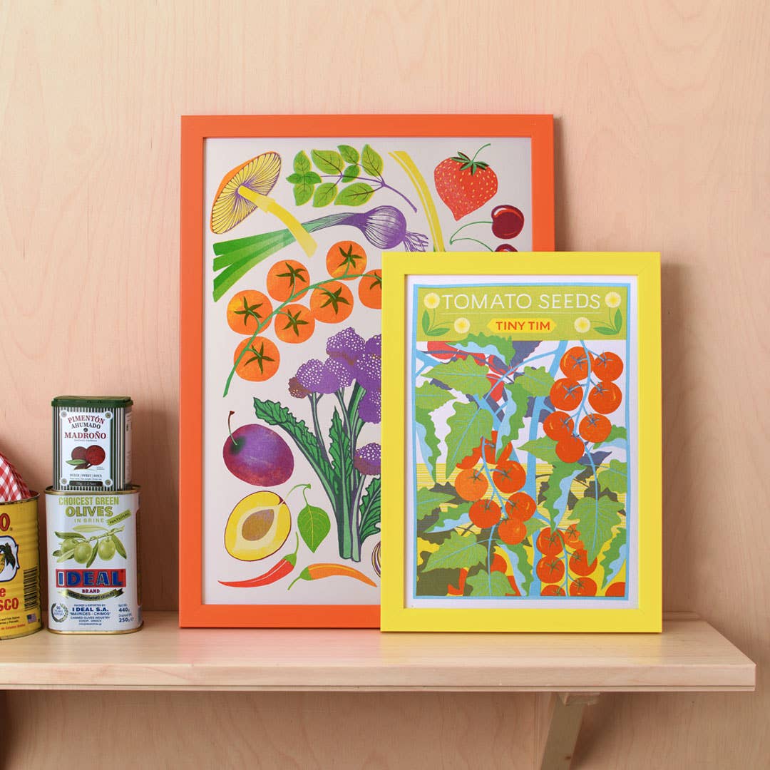 Bright illustration of tomato plant with cherry tomatoes. The title at the top Tomato Seeds, Tiny Tim