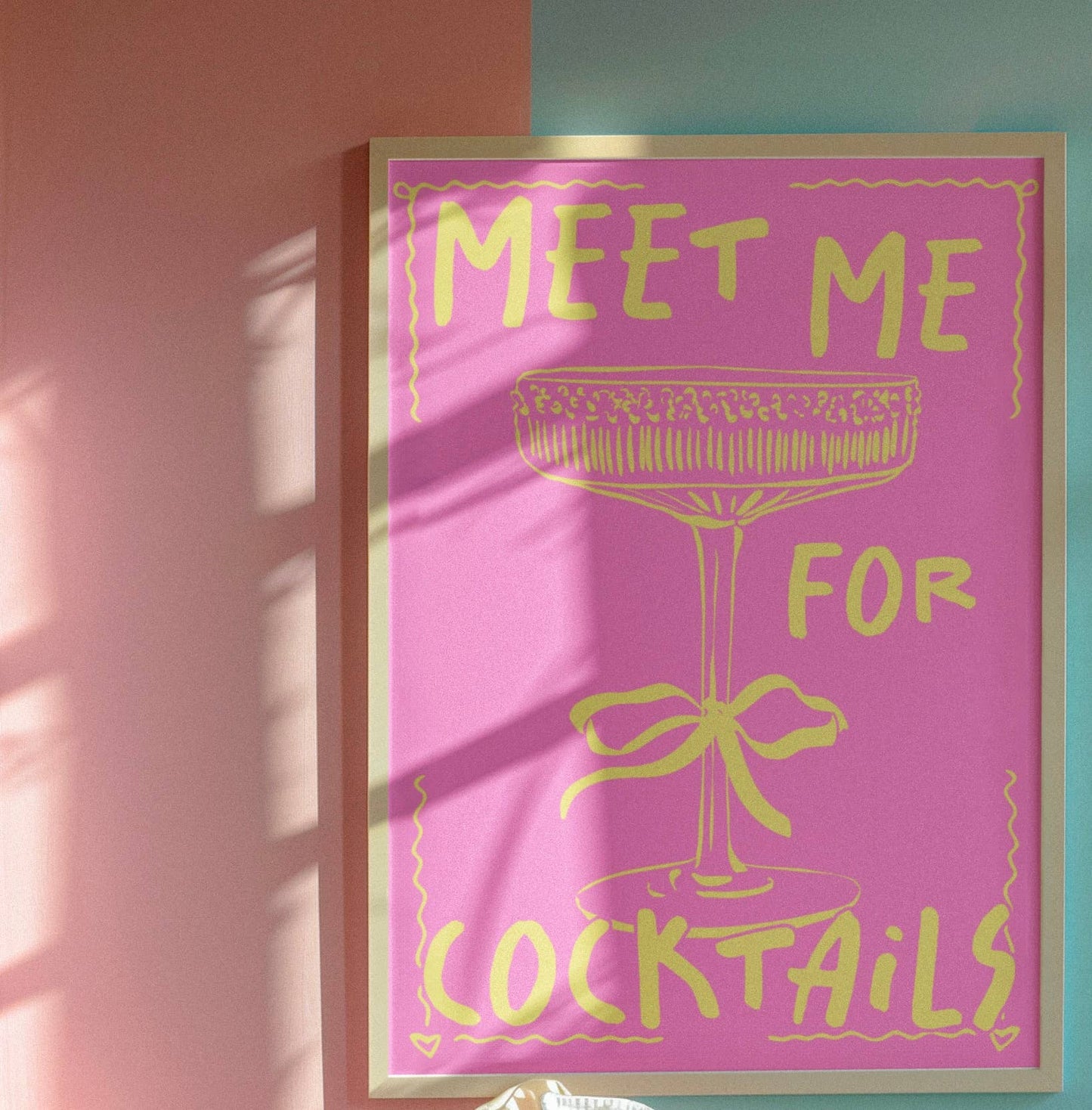 Meet me for cocktails in yellow on bright pink print.