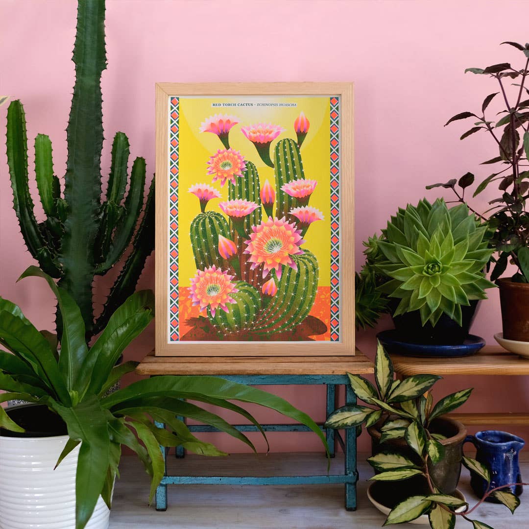 Risograph print of a flower cactus.