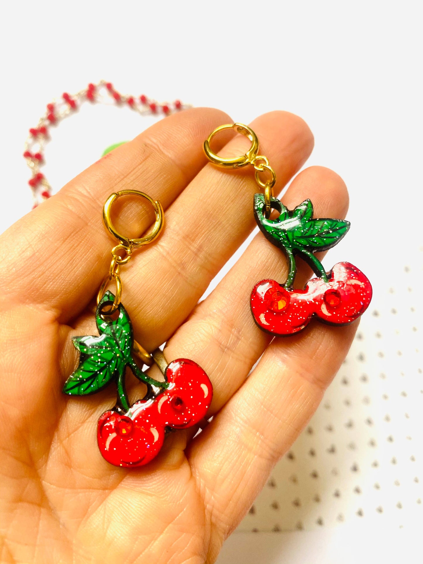 Resin and wood Cherry drop earrings.