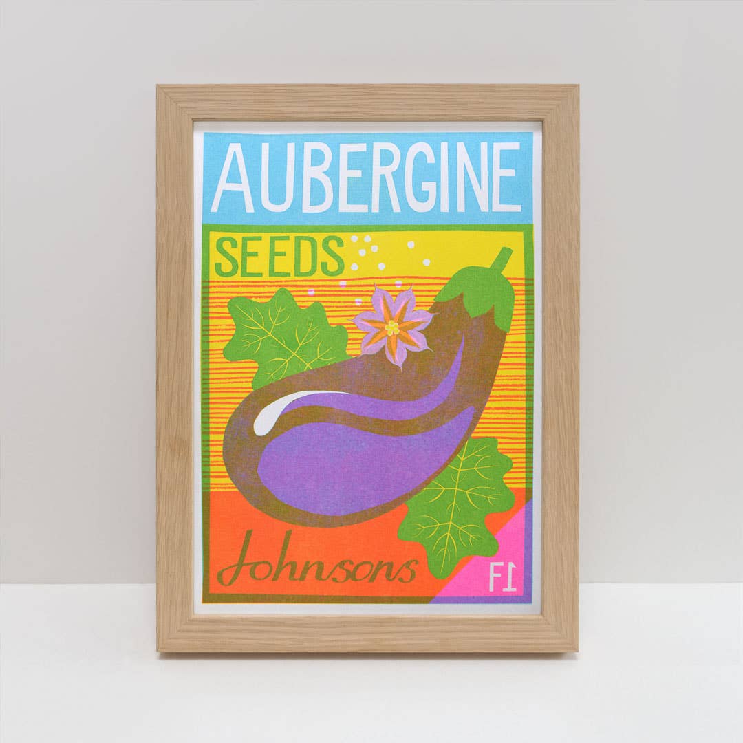 Brightly coloured risograph print of an aubergine seed packet.