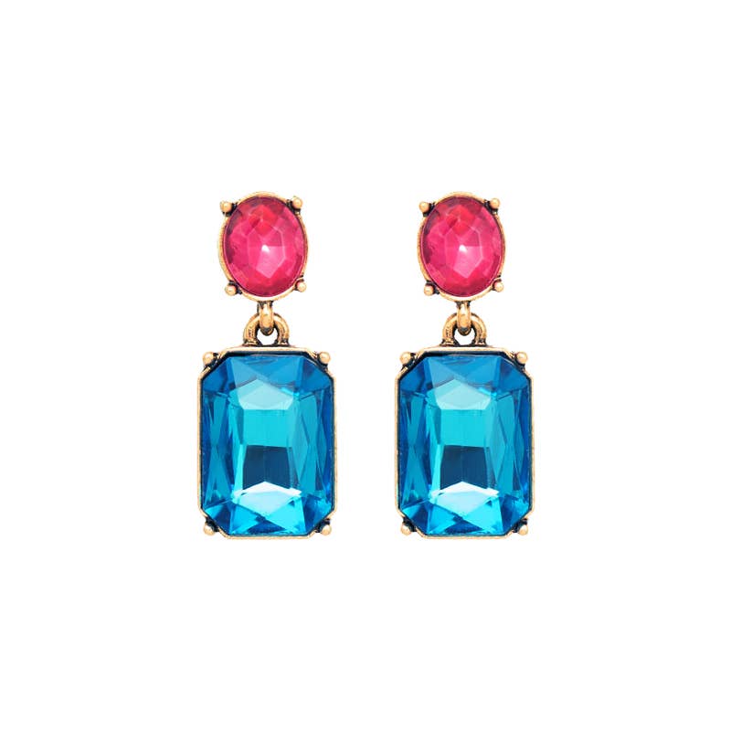 Earrings with pink gemstones and blue rectangular stones on a white background