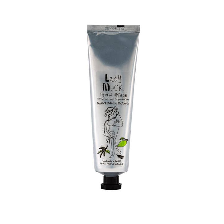 Hand cream tube labeled 'Lady Muck' on a white background