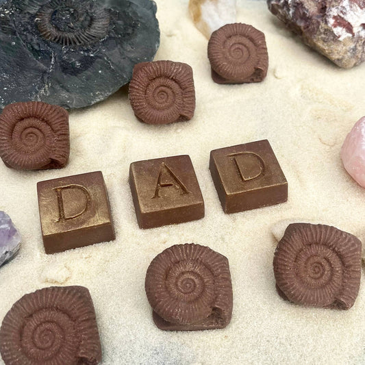 The finest Belgium chocolate shaped like fossils and square cubes with the word Dad embossed on the top.