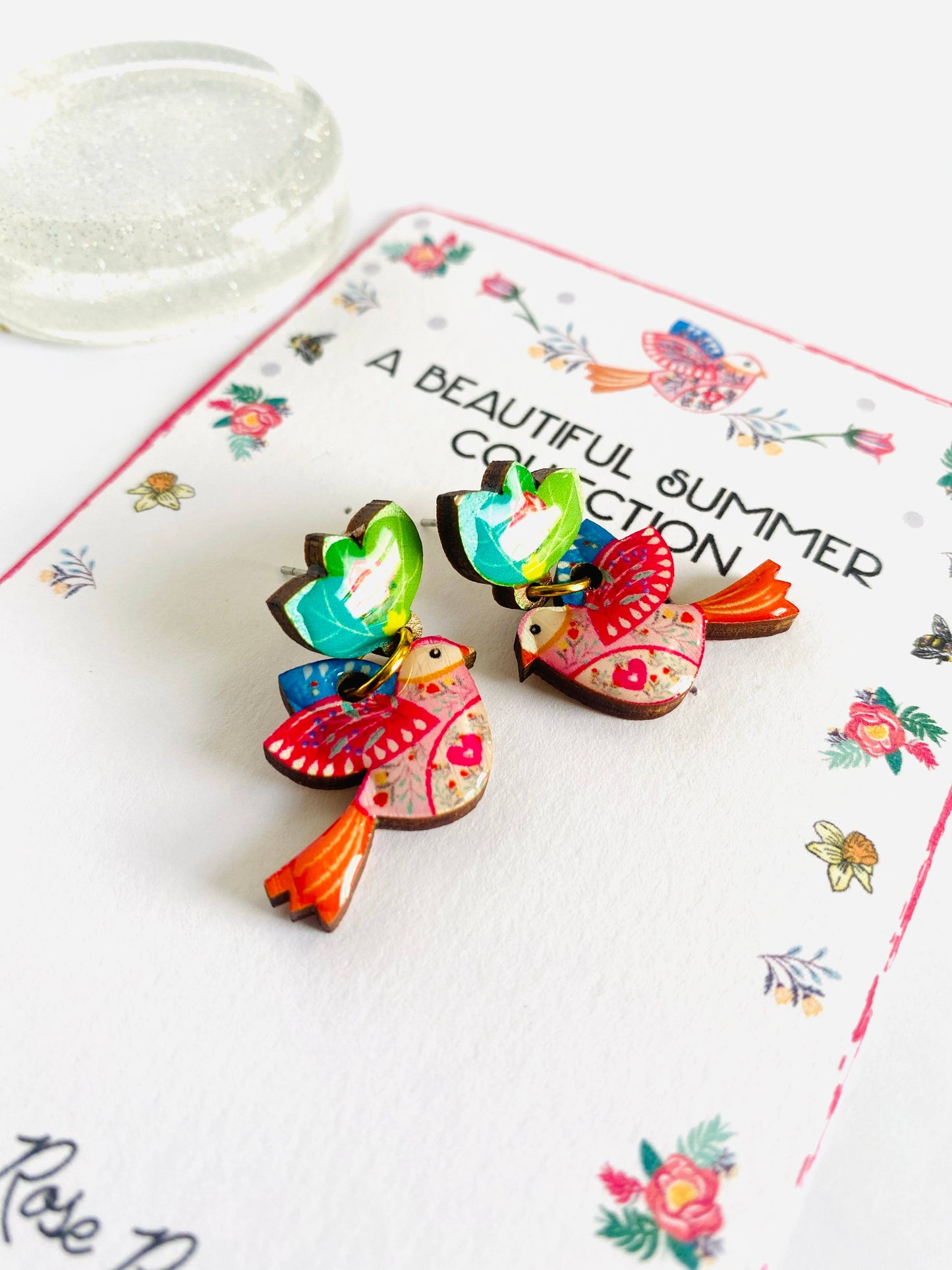 Resin and Wood folk style bird drop stud earrings.