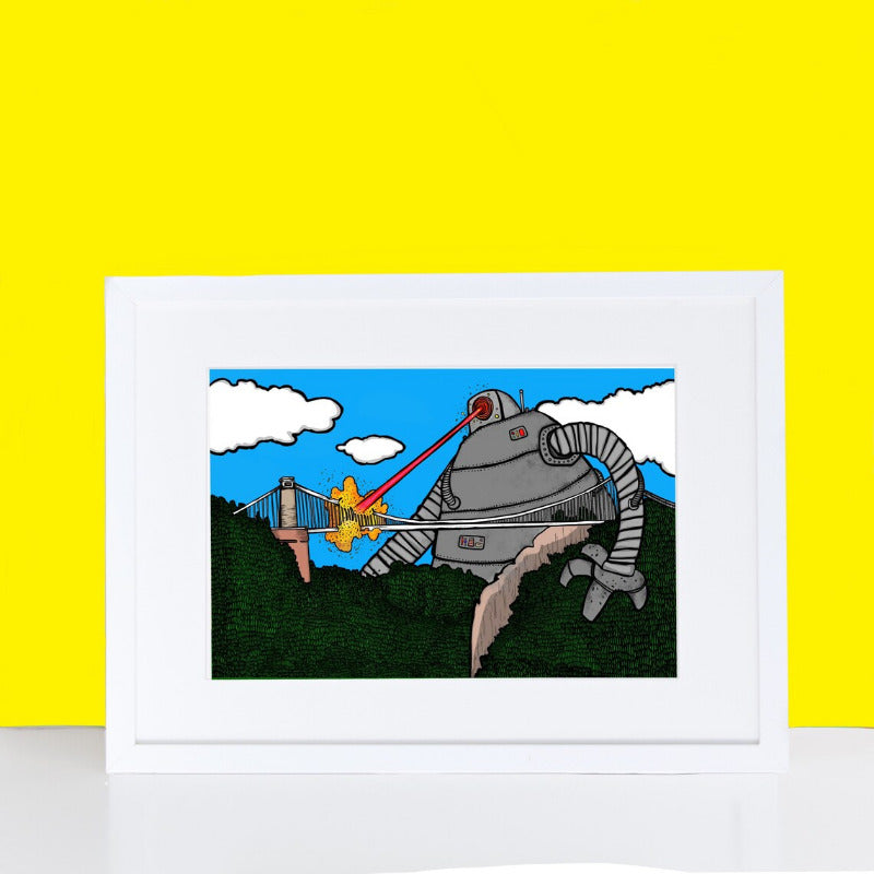 An A4 print of a colourful illustration of a giant robot zapping Bristol's Clifton Suspension Bridge