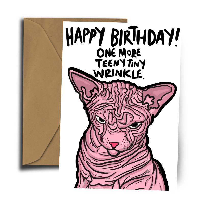 illustration of a hairless wrinkly cat scowling. Message is happy birthday one more teeny tiny wrinkle.