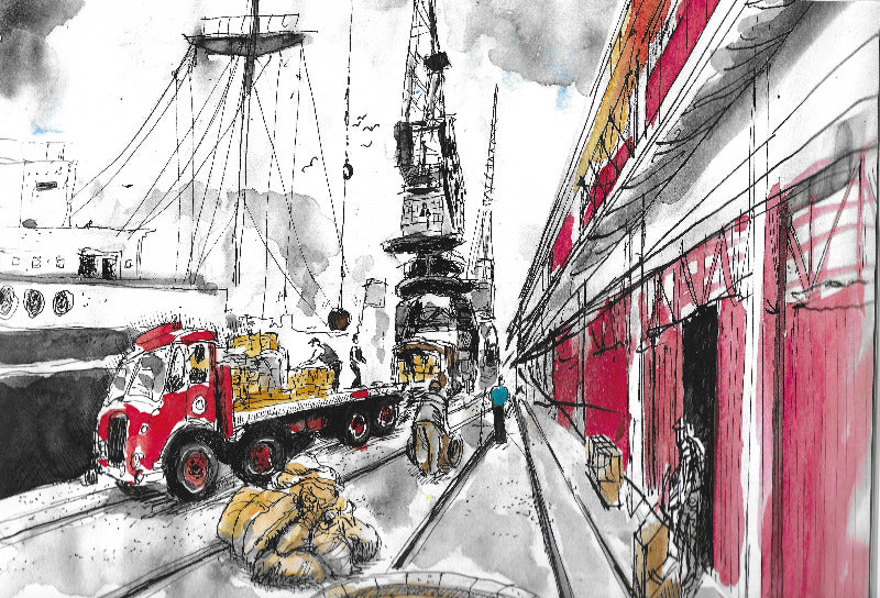 Ink and wash illustration of a ship being unloaded in Bristol docks