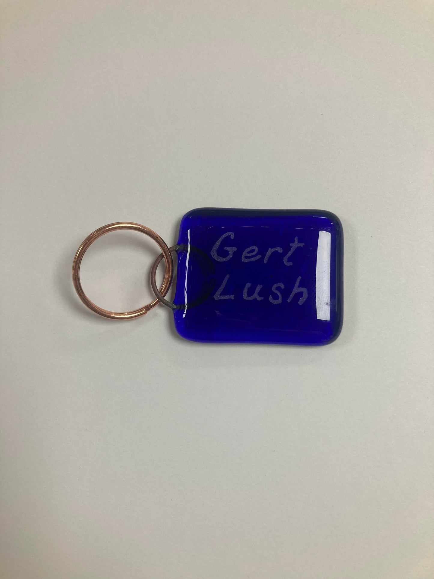 Bristol Blue Glass keyrings each individually engraved. Handmade at Glass Designs a Bristol gift shop.