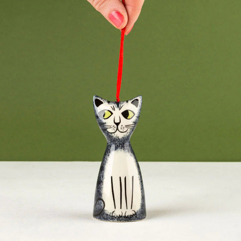 Ceramic grey and white cat hanging decoration