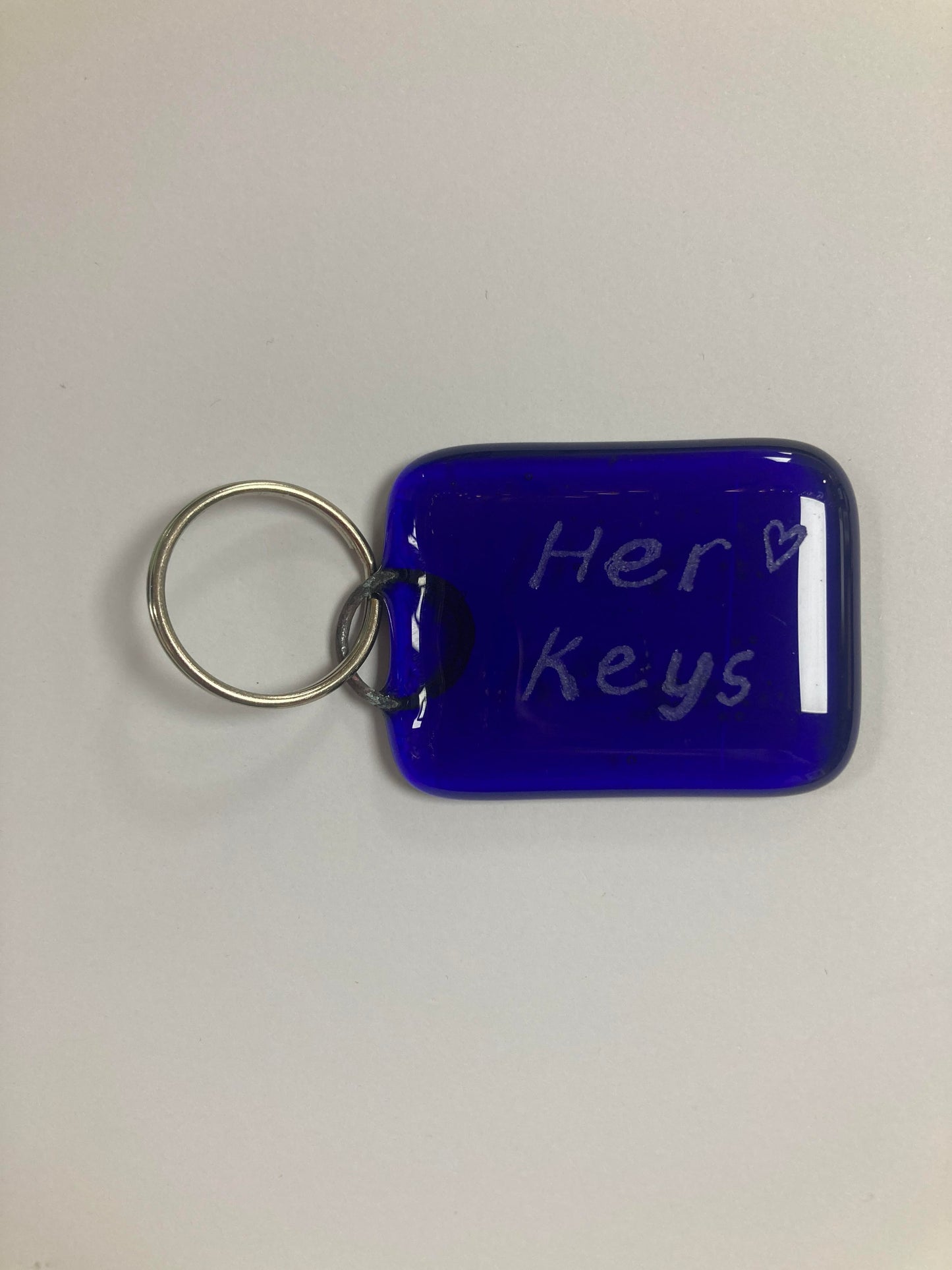 Bristol Blue Glass keyrings each individually engraved. Handmade at Glass Designs a Bristol gift shop.