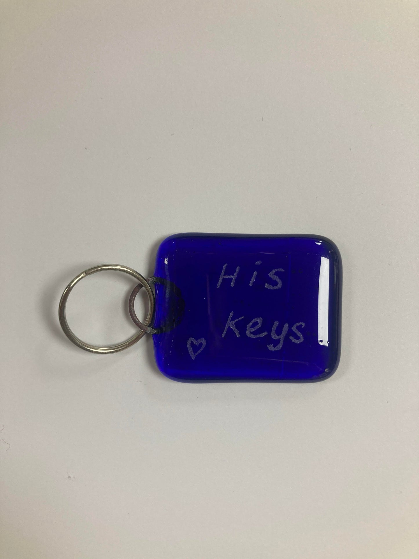 Bristol Blue Glass keyrings each individually engraved. Handmade at Glass Designs a Bristol gift shop.