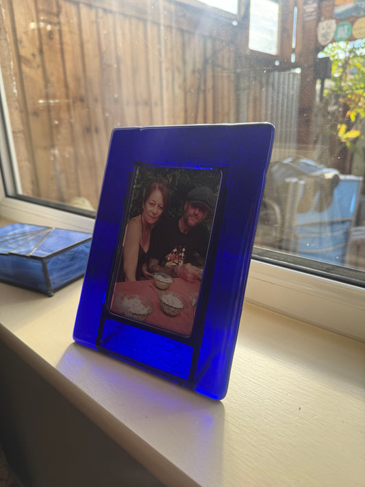 Free standing Bristol Blue Fused glass picture frame. Fits 4inch by 6inch photograph.