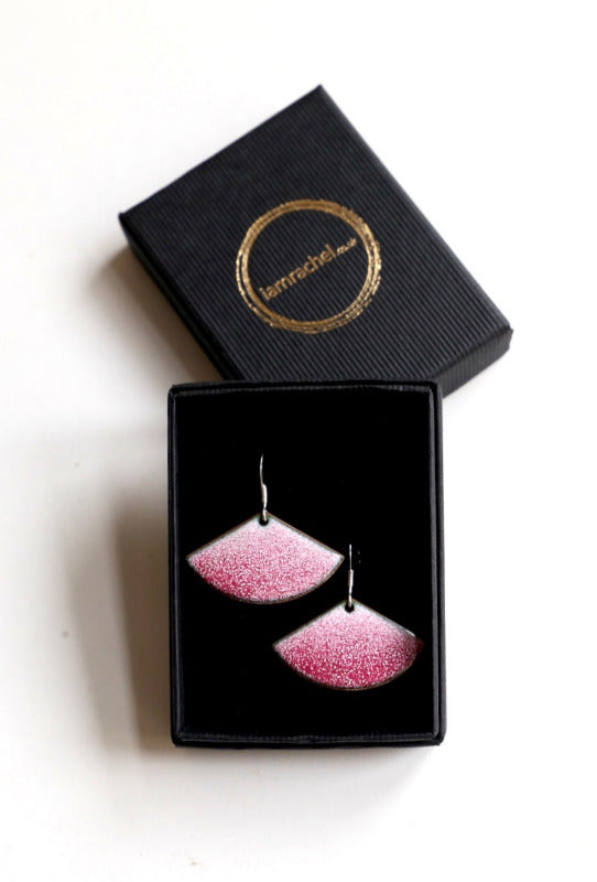 Fan shaped enamel earrings in purple and white