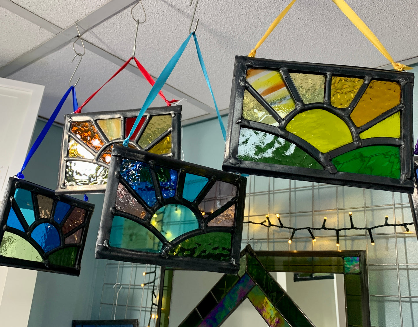 Stained glass sun over fields small sun catcher with hooks