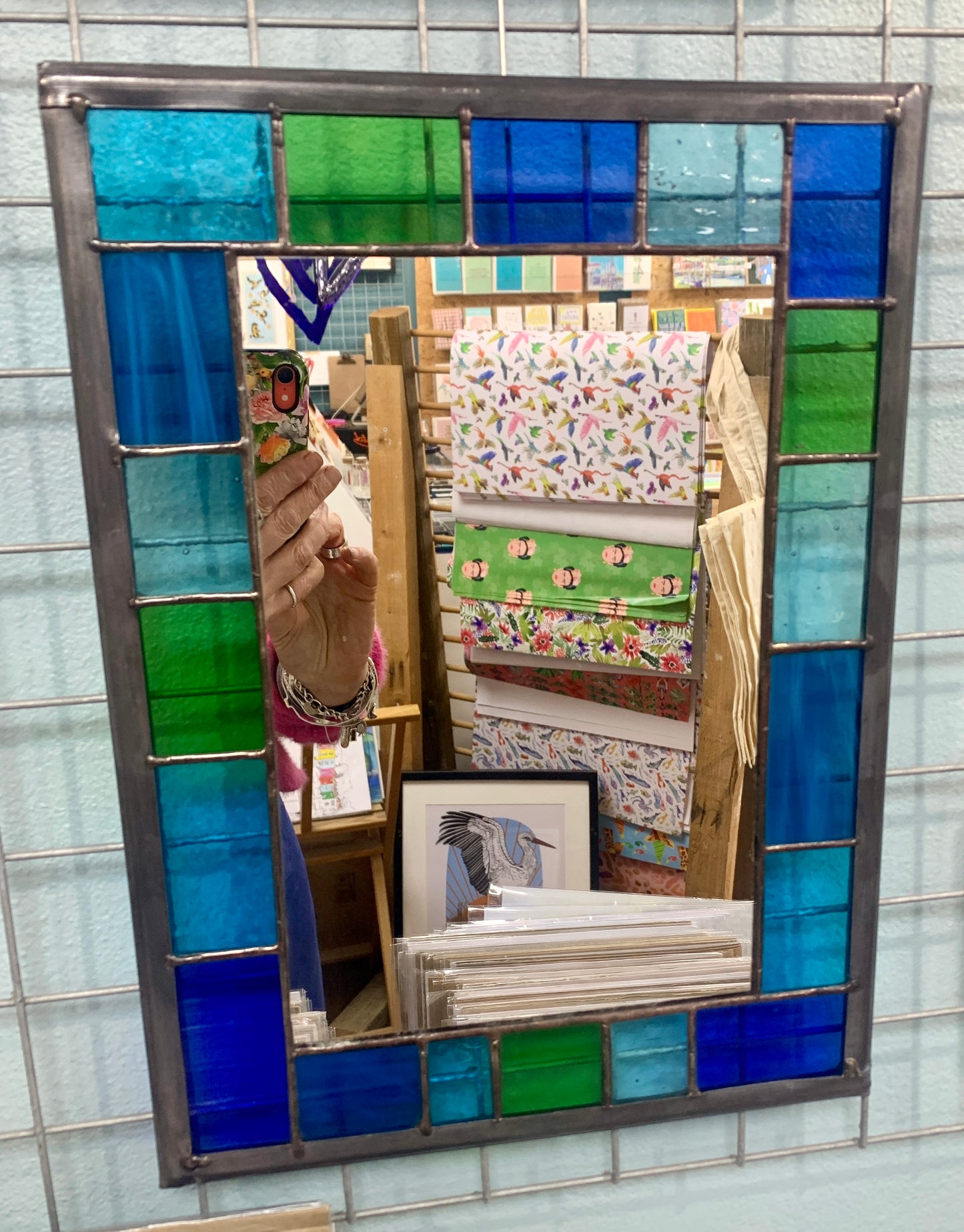 Stained Glass Mirror with randomly placed blue and green glass border. Stained Glass. Traditional Colour Glass. Blues, Aqua and Turquoise Glass.