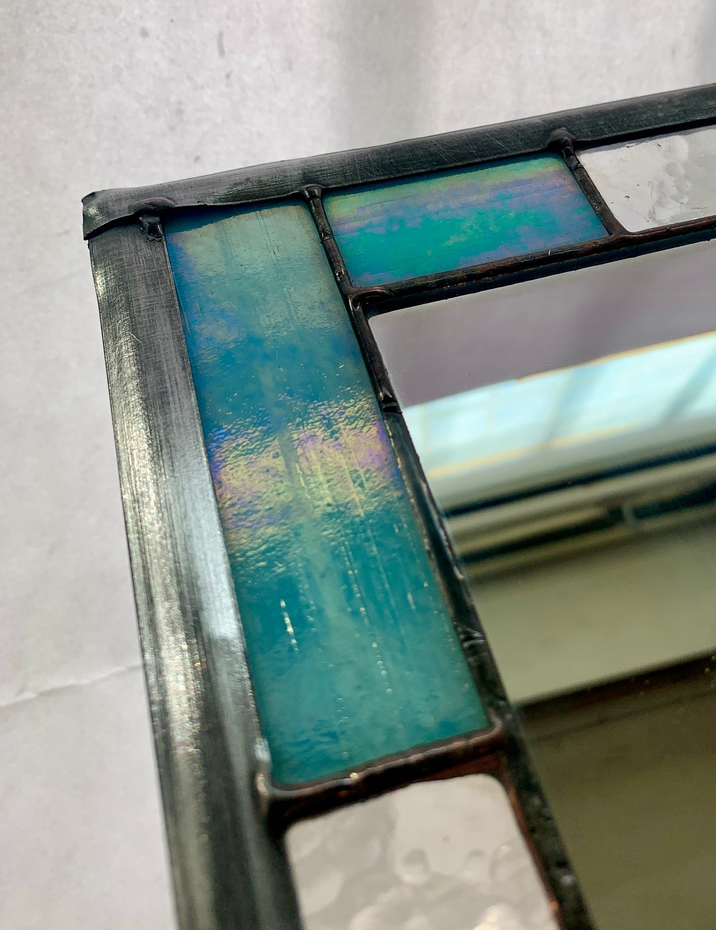 Small Rectangular stained glass mirror. Aqua iridescent glass. Dadswell Glass. Glass Designs Bristol