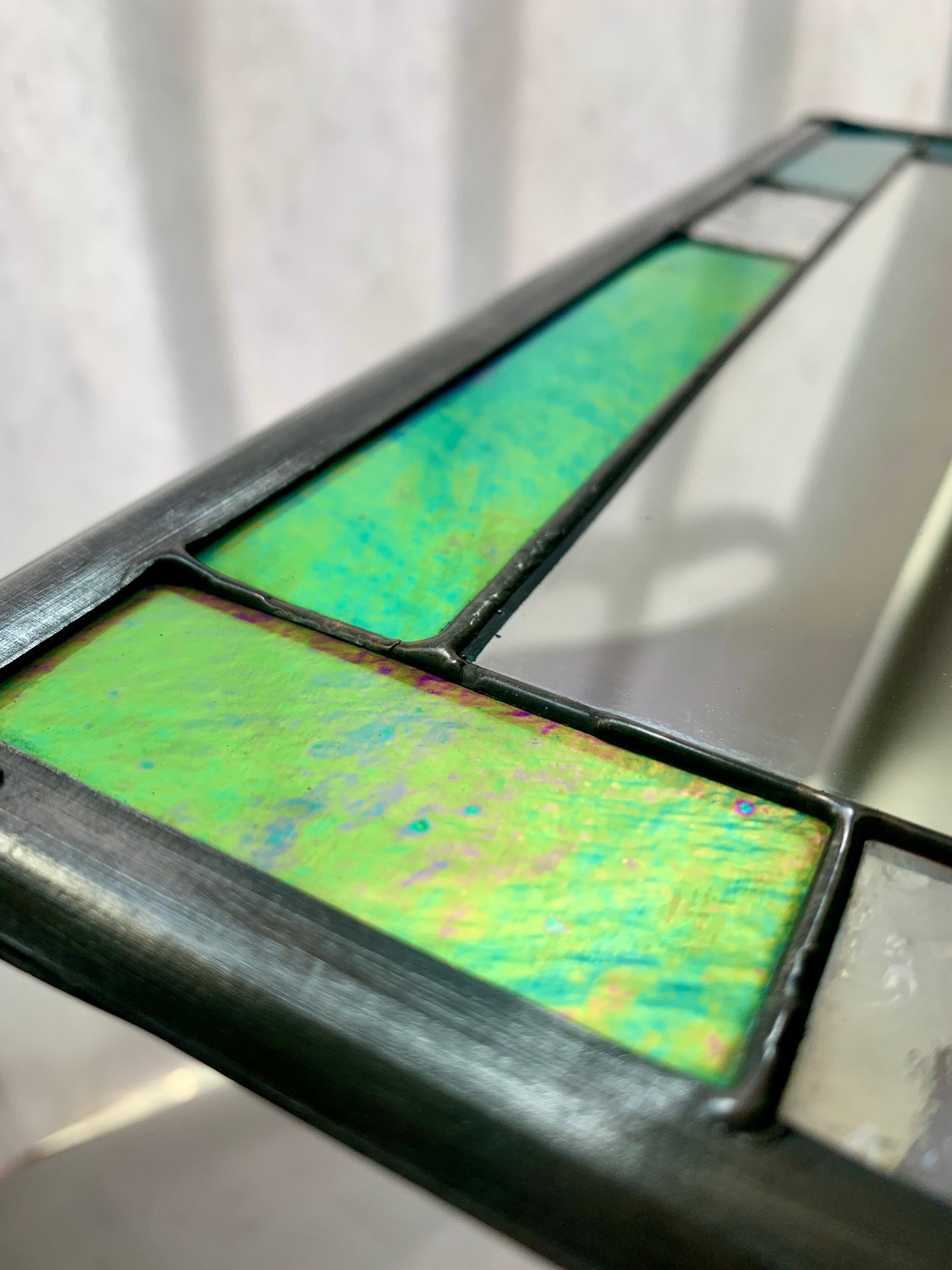 Small Rectangular stained glass mirror. Aqua iridescent glass. Dadswell Glass. Glass Designs Bristol