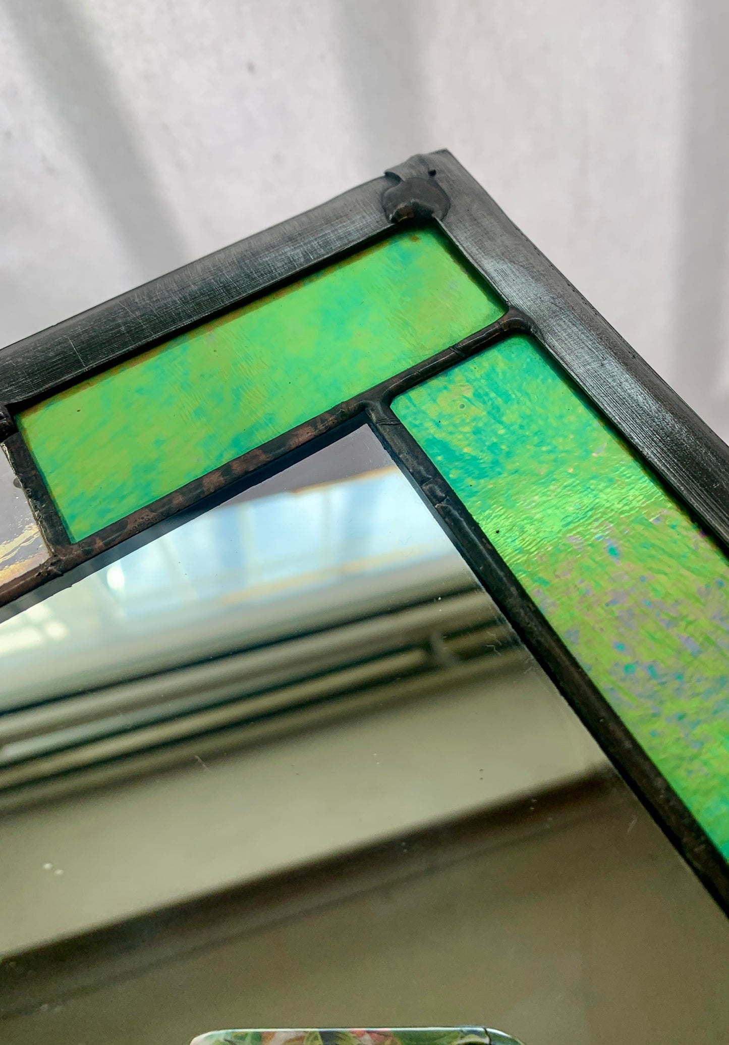 Small Rectangular stained glass mirror. Aqua iridescent glass. Dadswell Glass. Glass Designs Bristol