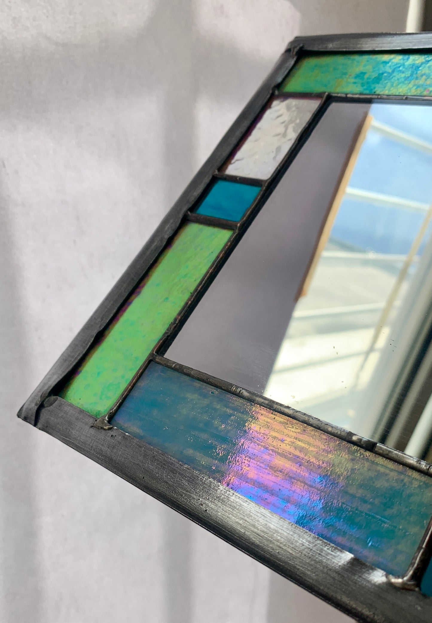 Small Rectangular stained glass mirror. Aqua iridescent glass. Dadswell Glass. Glass Designs Bristol