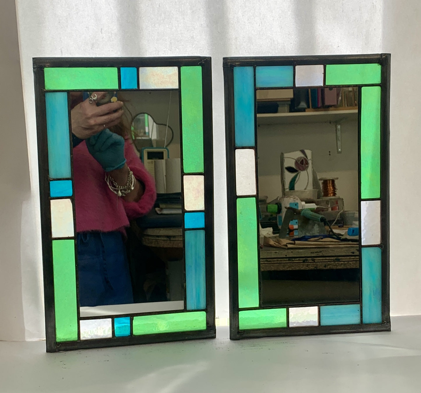 Small Rectangular stained glass mirror. Aqua iridescent glass. Dadswell Glass. Glass Designs Bristol
