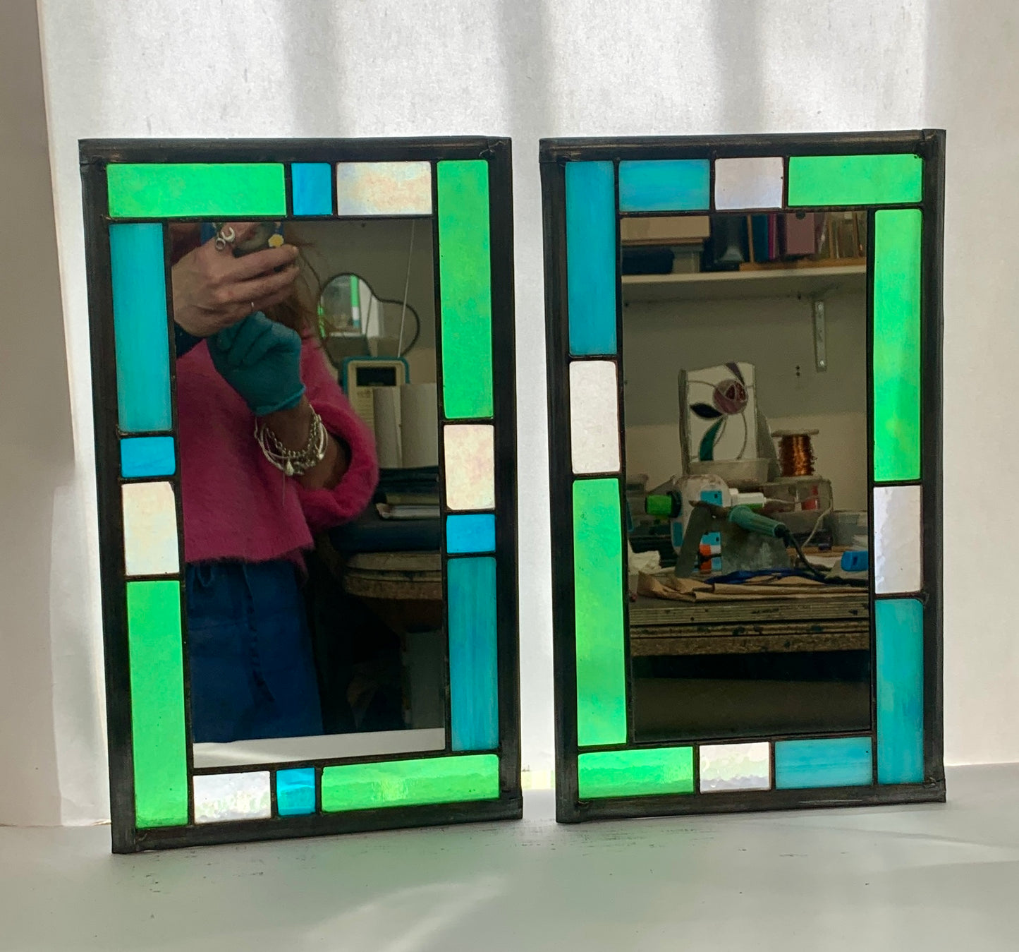 Small Rectangular stained glass mirror. Aqua iridescent glass. Dadswell Glass. Glass Designs Bristol
