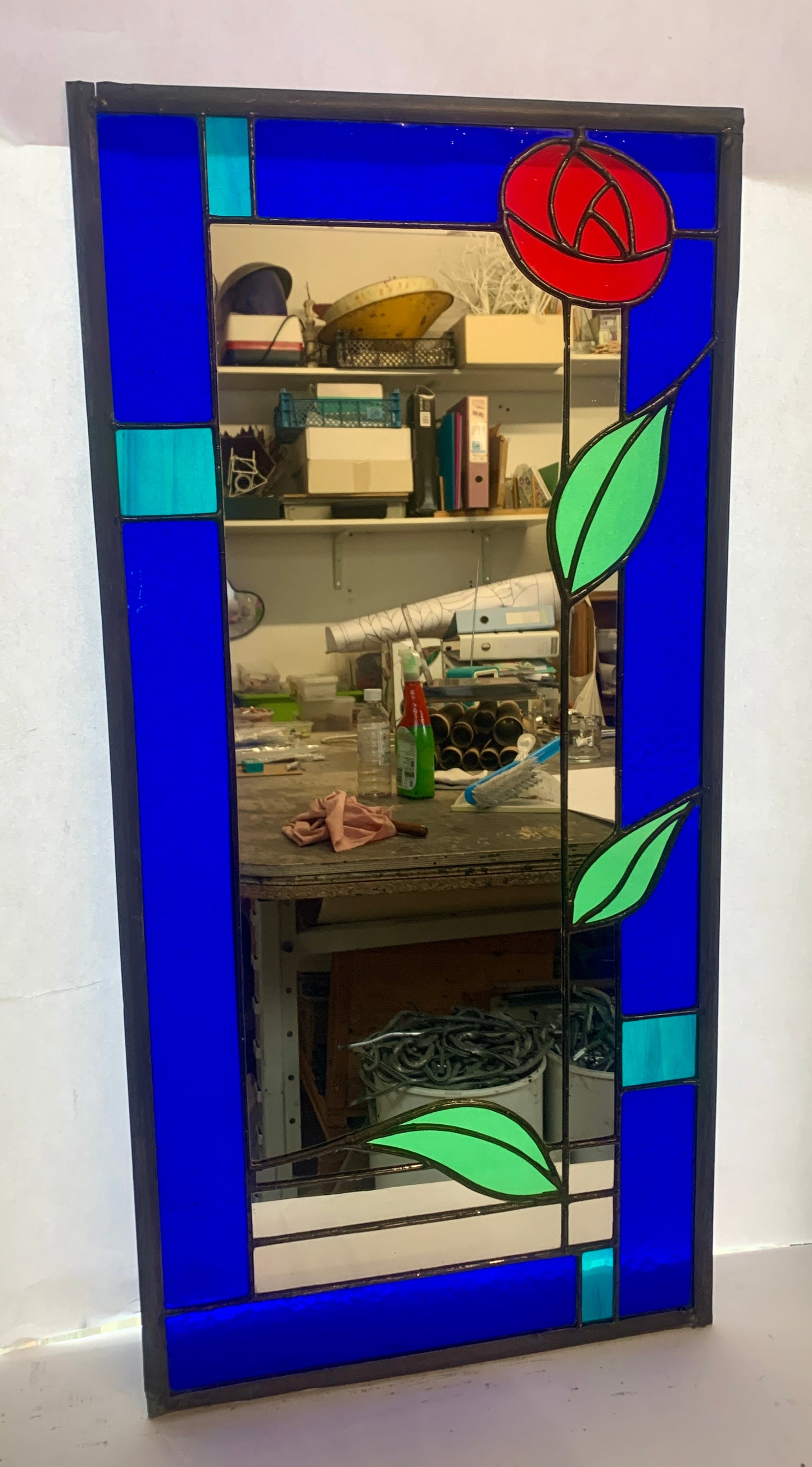 Stained Glass Mirror. Mackintosh Rose with Bristol Blue border Edit alt tex