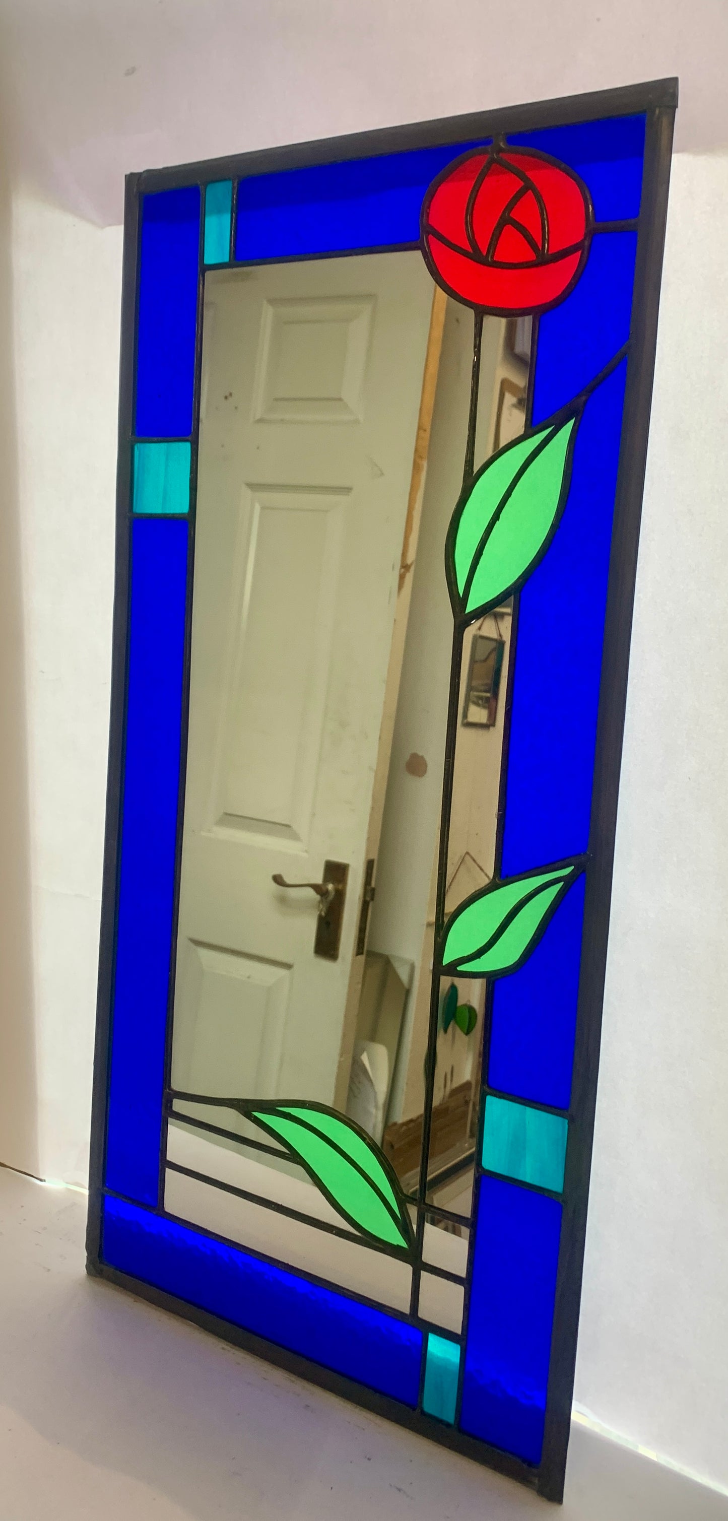 Stained Glass Mirror. Mackintosh Rose with Bristol Blue border Edit alt tex