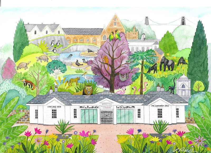 Illustration of Bristol Zoo with building surrounded by grounds, trees and animals