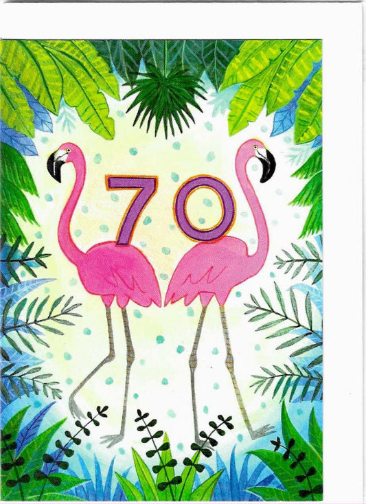 Two pink flamingos surrounded by leaves with number seventy balanced on their backs
