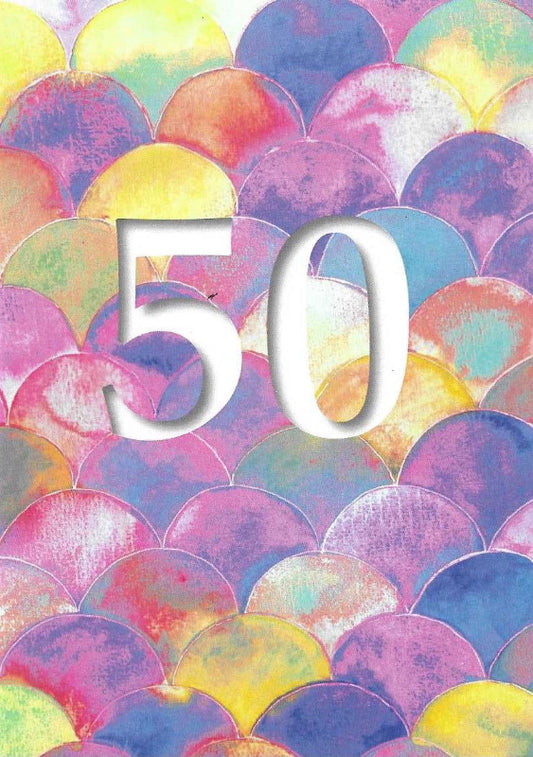 Age 50 card. Colourful scalloped background.