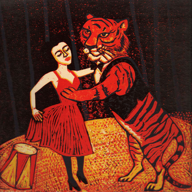 colourful painting of a tiger dancing with a lady