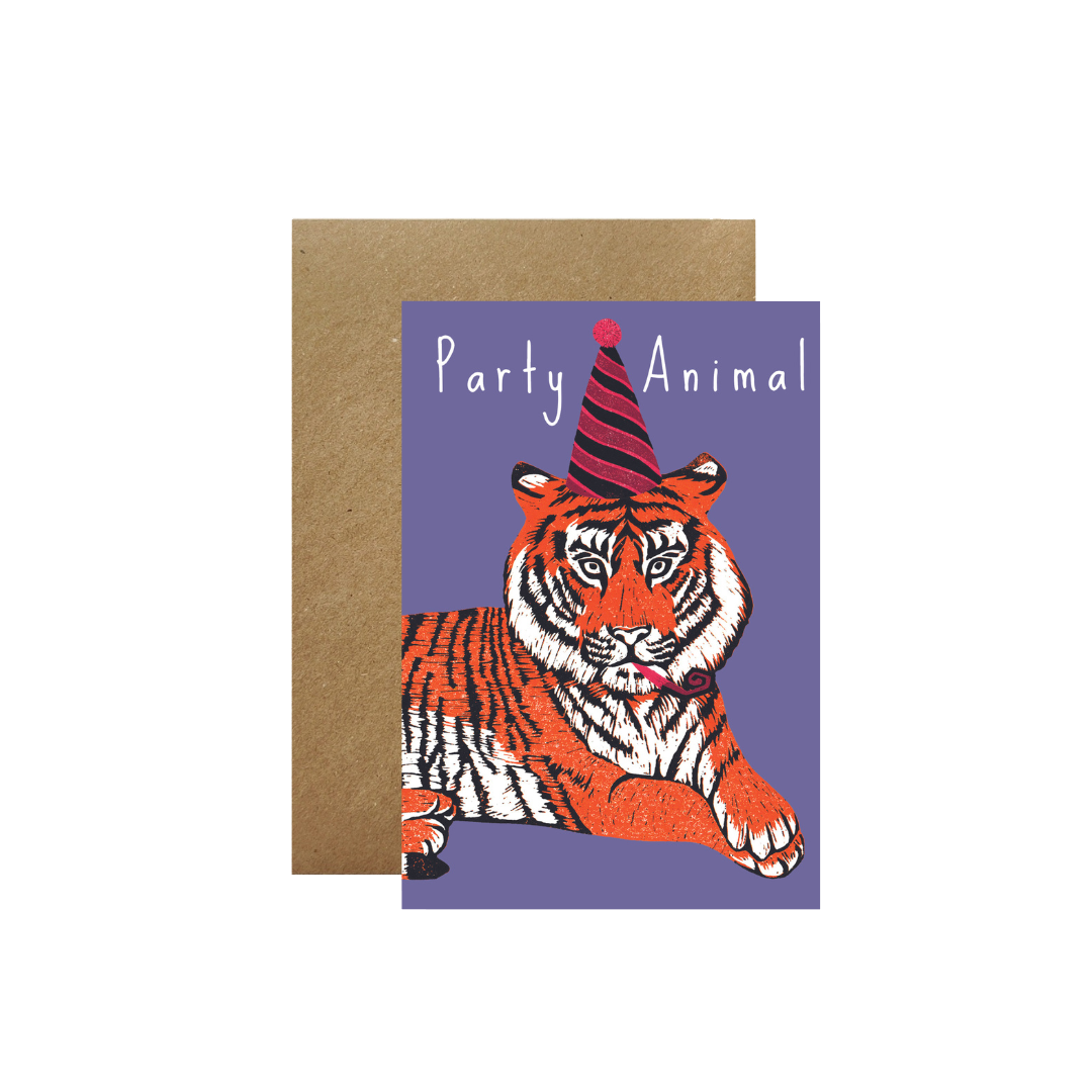 TIger in a party hat. Party animal. Blank inside.