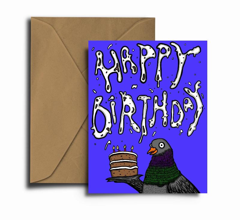 Illustration of a pigeon with a birthday cake and 'Happy Birthday' in poo. But background.