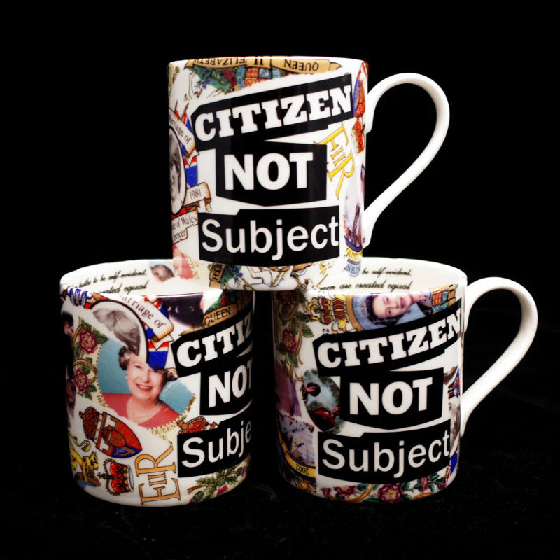 Bone china mug with the phrase Citizen Not Subject and a background of vintage images