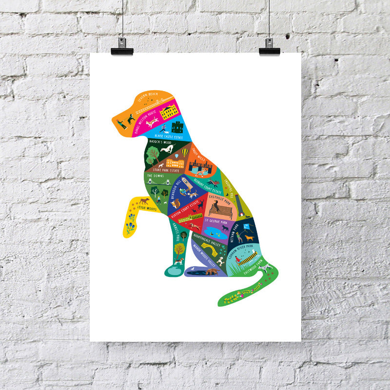 A colourful map in the shape of a dog featuring popular dog walks in Bristol