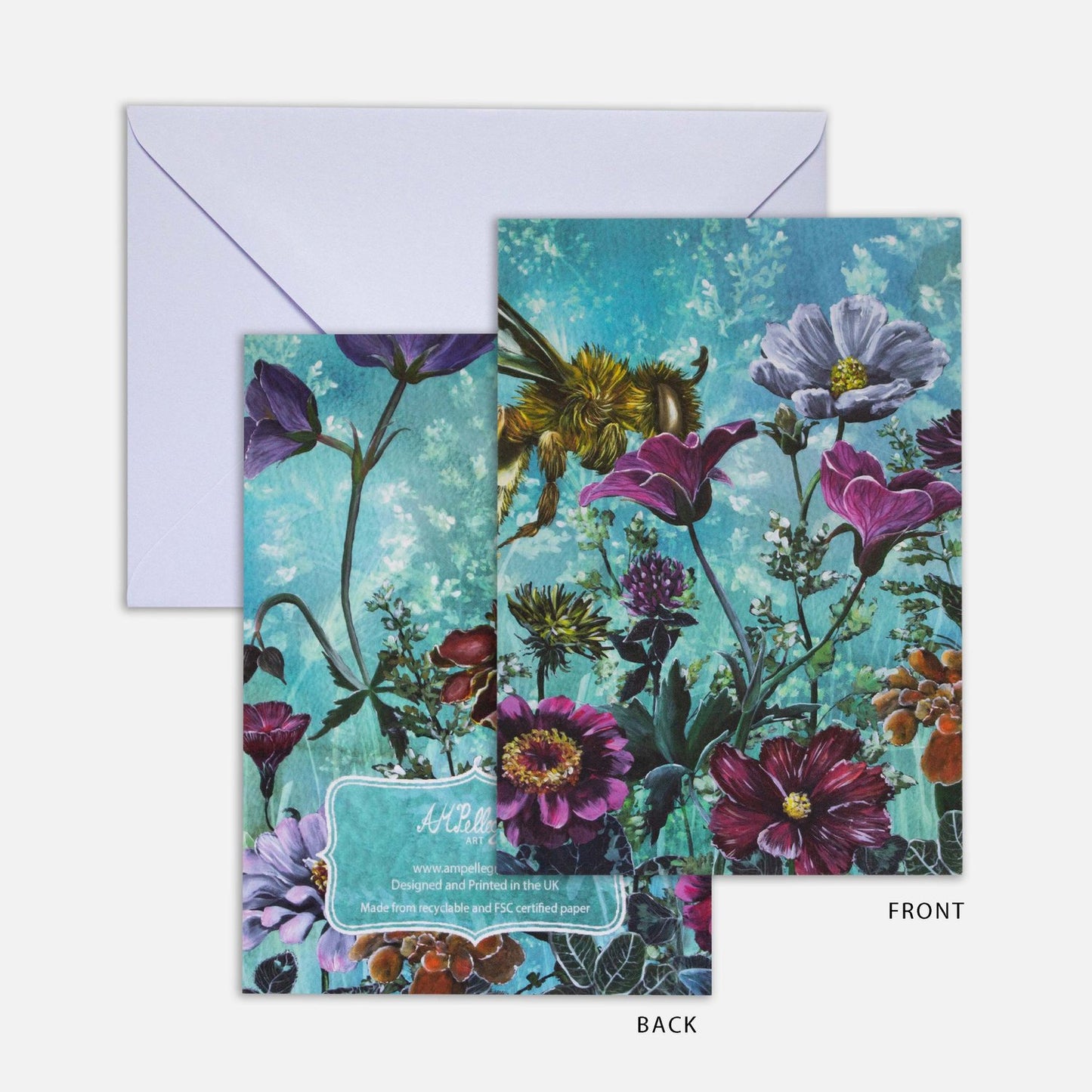 This beautiful floral greeting card features a vast meadow of hand-painted floral acrylic illustrations growing from one side to the other. A wild bee is thoroughly enjoying flying from the pink zinnia, to the red cosmos and purple corn flower that are blooming against a light blue watercolour background. The design wraps around the front and back of this greeting card, shown here.