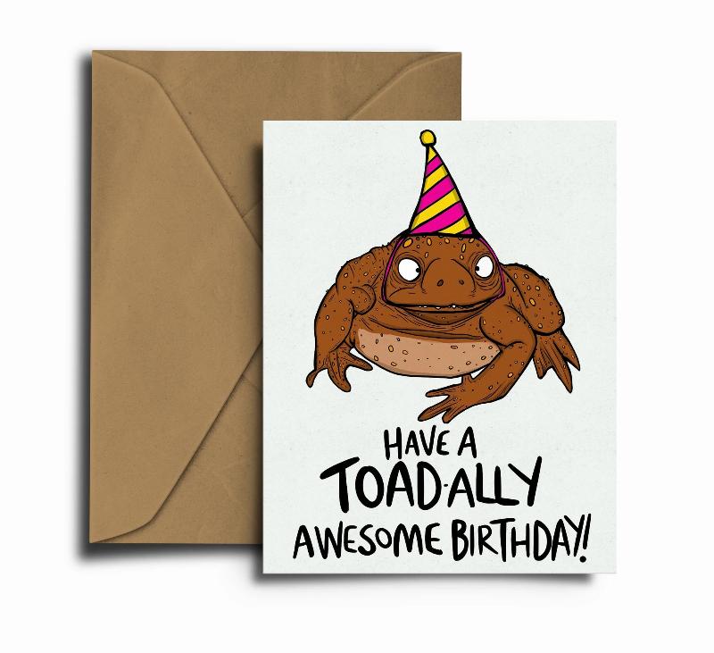 Brown toad in a party hat illustration.