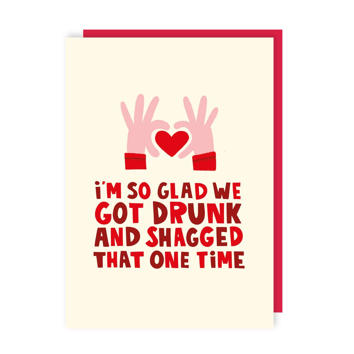 Card with hands holding a heart and humorous text on a beige background