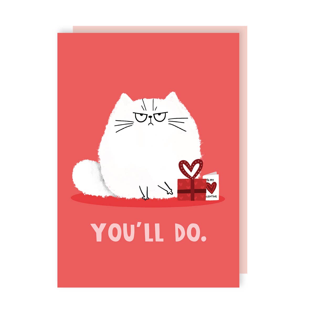 Greeting card with a white cat and gift on a red background